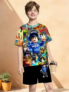 Boys' Roblox Theme Casual Tee & Shorts Set, Asymmetrical Design, Fitted Crop Top, Natural Waist, Random Print, Home Wear Two-Piece
