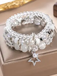 3Pcs Elegent Boho Star Pearl Crystal Silver Beaded Bracelet Set | Fashionable Versatile Everyday Wear | Valentine's Day Gift for Girlfriend, Mom, or Best Friend