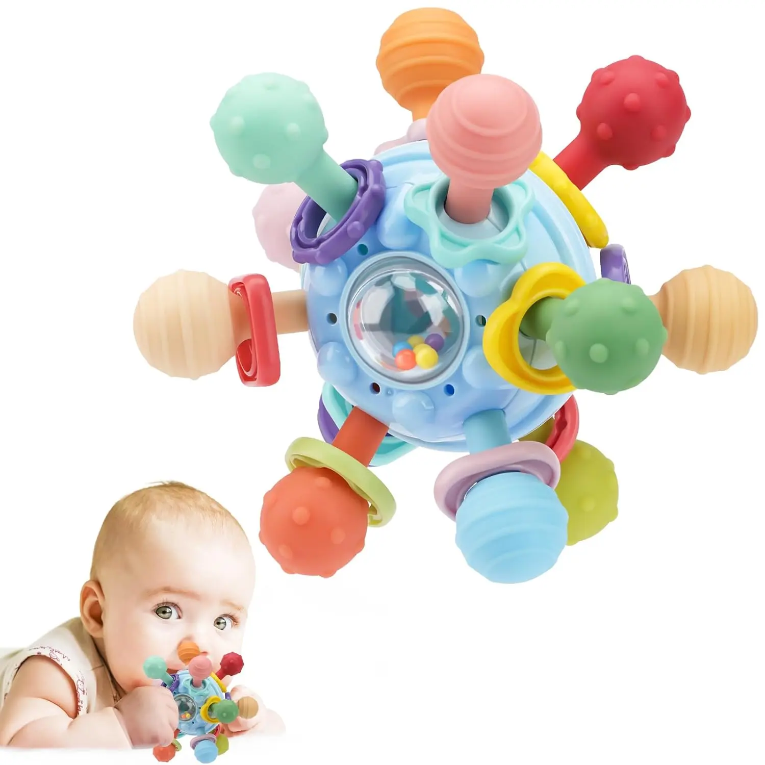 Baby Montessori Sensory Teething Toy 0-6 6-12 Months, Teether Ball & Rattle | 12 Textured Silicone Teething Ball, BPA Free, Easy to Hold, Infant Developmental Toys for 3 6 9 12 Months, Newborn Gifts