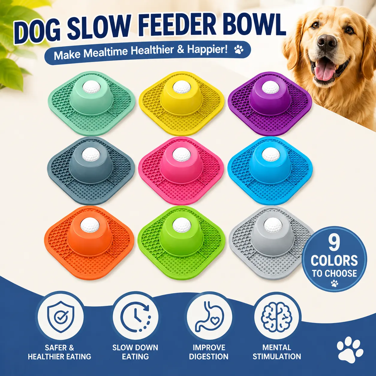 【9 Color Choices】PLOSIF Slow Feeder Dog Bowl for Liquid Treat with Entertained Ball, Dog Feeder Bowl with Slow Feeder Mat, Dog Feeder Lick Bowl for Bone Broth and Yogurt for Large Medium Small Breeds Dietary Supplement/Post-op Nutrition, 9 Colors