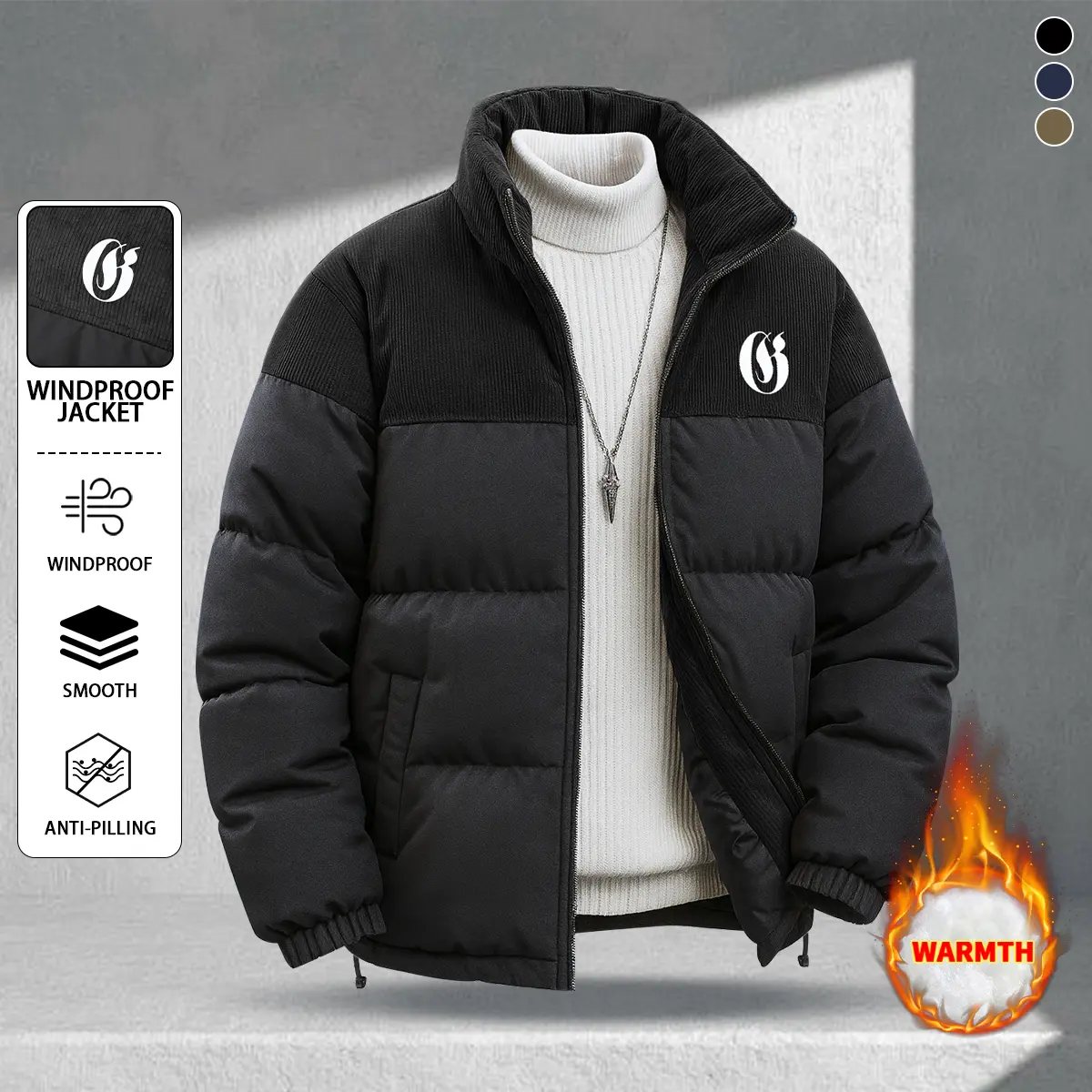 Men's casual stand collar padded jacket with colorblock design and pattern print, windproof surface effectively keeps warmth, suitable for daily commute and outdoor wear, can be worn with a high-neck sweater, ideal for winter.