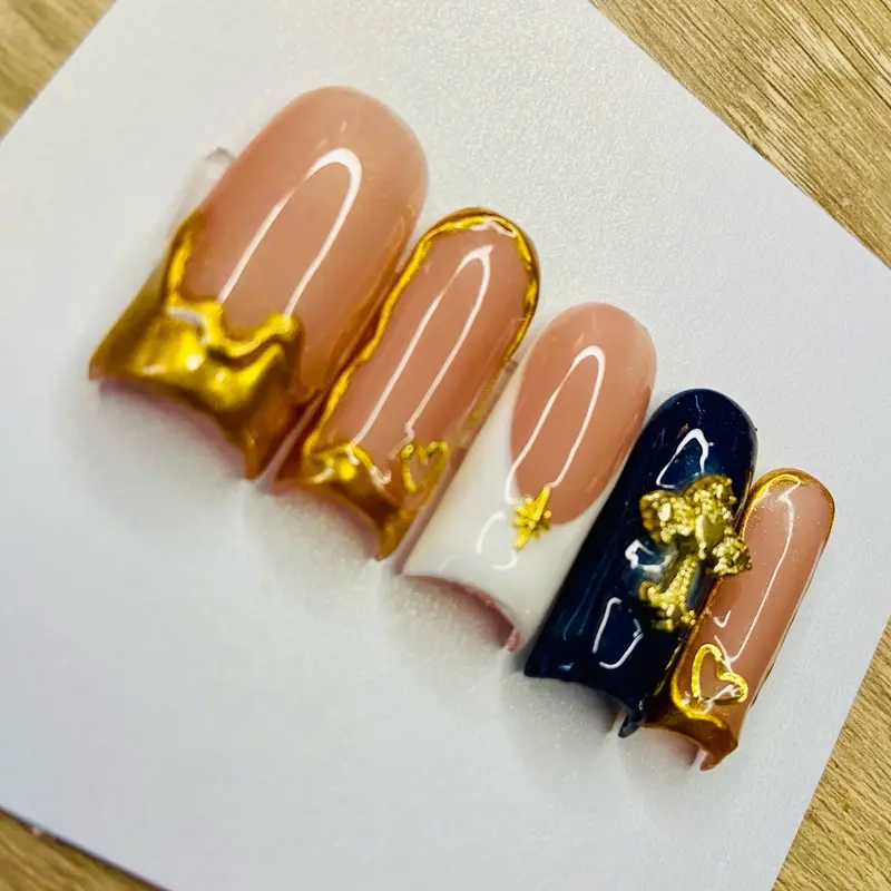 10pcs Blue-Gold Chrome w/ french tip press on Nails