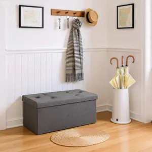 30in Foldable Storage Ottoman Bench Chest with Padded Seat, End of Bed Foot Rest Stool, Bedroom Living Room Coffee Table, Shoe Bench, Storage Chest with Lid, Gray Linen Fabric Ottoman, Compact Foldable Furniture, 660lbs Support