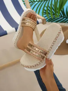 Boho Style Flatform Sandals, Rhinestone Decor, Open Toe, Medium Width, Casual Summer Shoes, Perfect for Beach & Shopping, Breathable