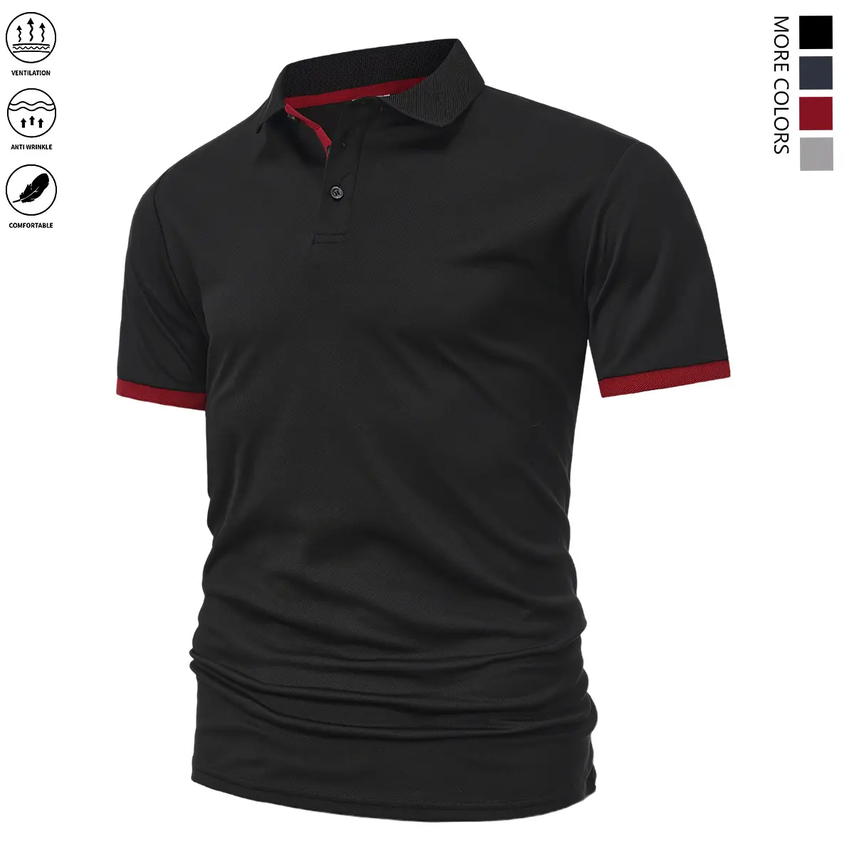 Men’s summer shirt: breathable, quick-drying polo shirt for business casual wear; stylish short sleeves; men’s summer casual short-sleeve collared shirt; regular fit with slight stretch; solid color collar; button details.