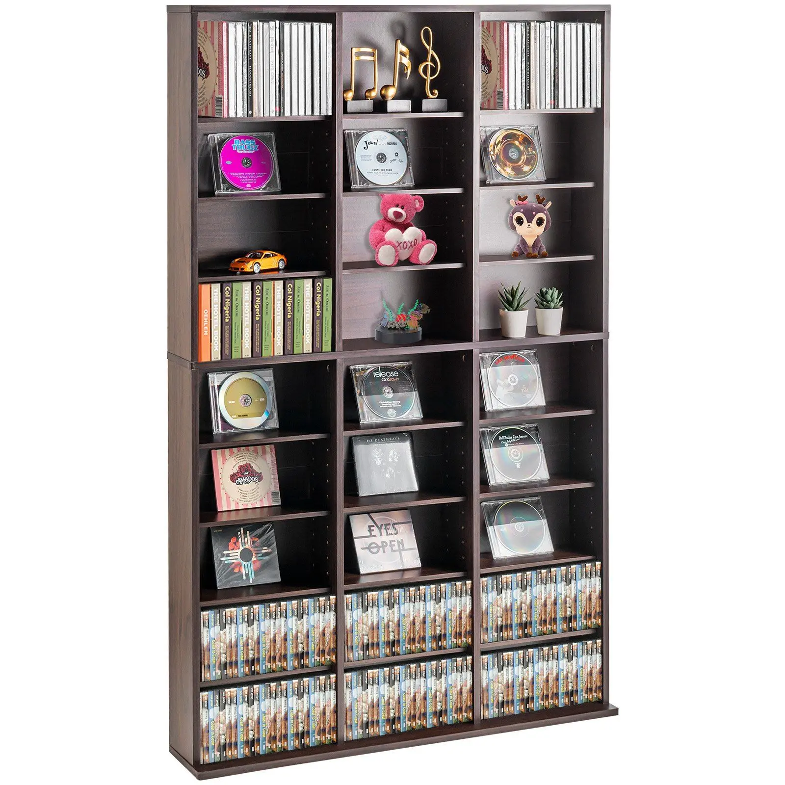 VEVOR Media Storage Cabinet, 9-Layer DVD Shelf Holds 756 CDs, Adjustable CD Shelves 27 Compartments, Protects & Organizes Music, Movie, Video Games or Memorabilia Collections, Nut-brown