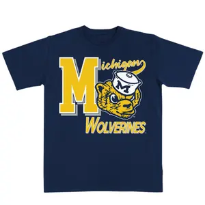 [MADE IN US] Michigan Wolverines Navy T-Shirt - Vintage Sailor Hat Mascot Graphic Tee - Nostalgic Streetwear for College Sports Fans