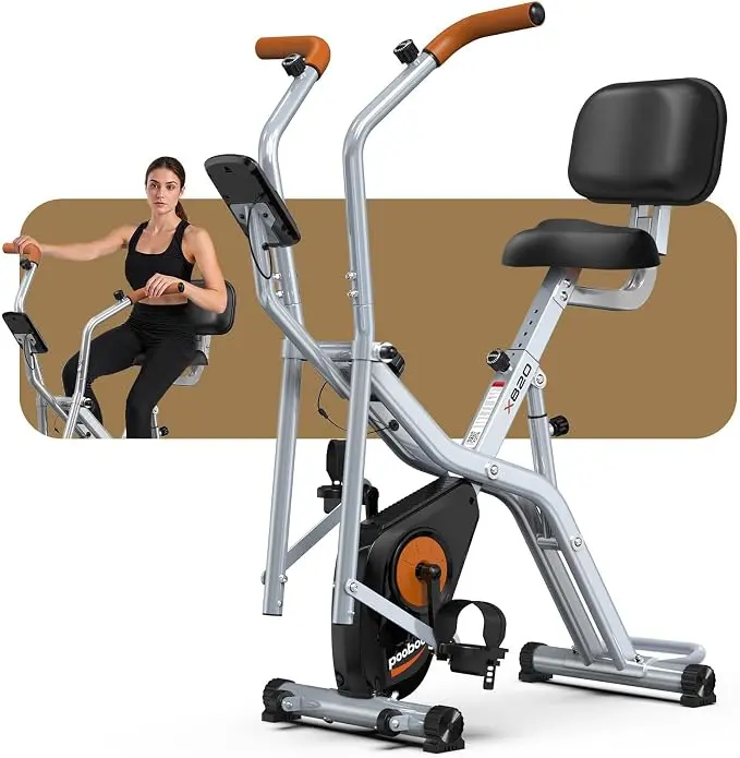 pooboo Foldable Exercise Bike, Stationary Bike with Elliptical Mode, 8 Level Magnetic Resistance, Silent Bike for Home Indoor, Fitness and Rehab Training, Adjustable Seat&Handrail, LCD monitor, 300LBS