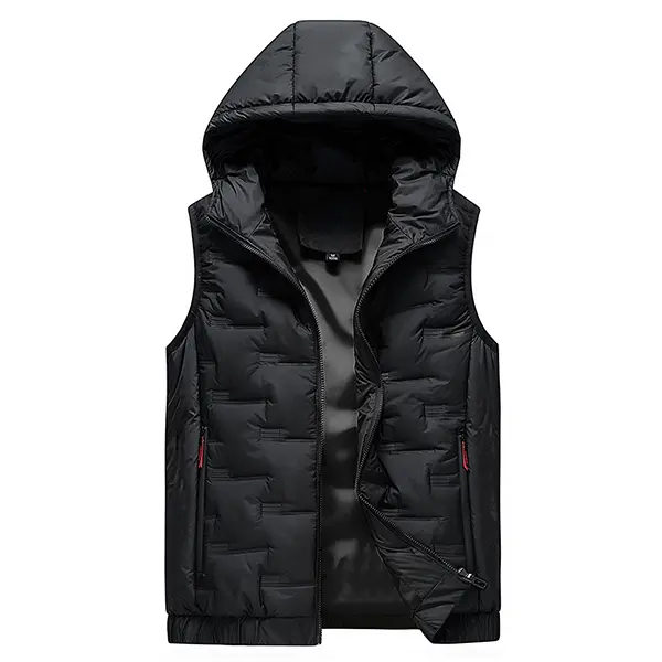 Men's Black Quilted Vest with Hood - Warm Winter Layering Piece for Outdoor Activities & Fashionable Styling