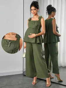 NANCY Maternity 2pcs Sleeveless Shirred A-Line Floral Print Tank Top & Straight Leg Pants Set