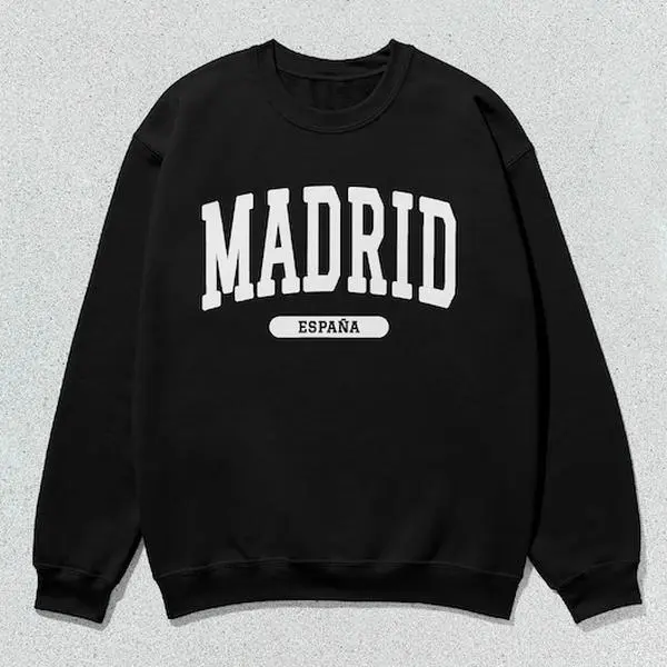 Men's Madrid Collegiate Crewneck Pullover Sweatshirt - Unisex Preppy Slogan Print Casual All-Seasons Long Sleeve Round Neck Tops, Menswear