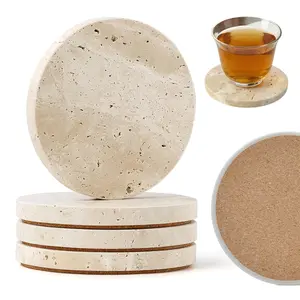OUTGOODS 4-Piece Travertine Coaster Set, Wabi-Sabi Round Coasters with Cork Base, Absorbent Non-Slip Heat-Resistant Stone Coasters for Home Decor