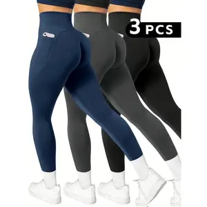 Set of 3 Solid Color High-Waisted Pocket Leggings for Sports And Fitness