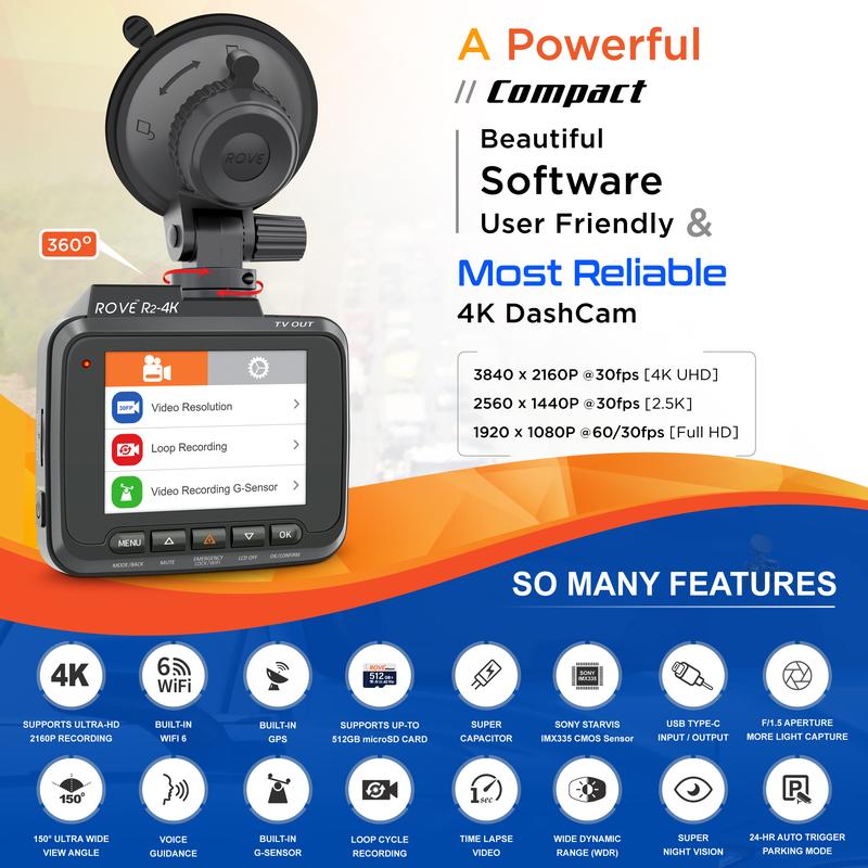 ROVE R2-4K Dash Cam with 4K Ultra HD, Super Night Vision Technology and Built-in WiFi 6, GPS