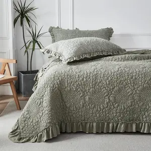 Khaki Ruffled Quilt Set 3 count  90''x98'' - Stone Washed Microfiber Crinkled Bedspread for  Season Farmhouse Style Lightweight Shabby Chic Coverlet Set with Pillow Shams