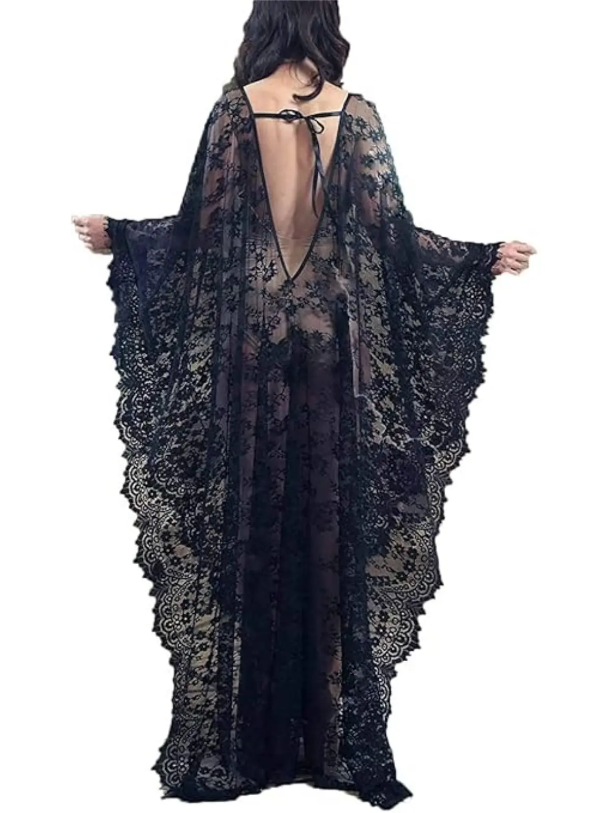 Black Lace Dress Outfits, Sheer Lace cover up Dress, Women Sexy Open Back lace Dresses, Lingerie Boudoir Outfits, Black Robe kaftan dresses, Plus Size See Through Caftans Cover Up Beach Dress