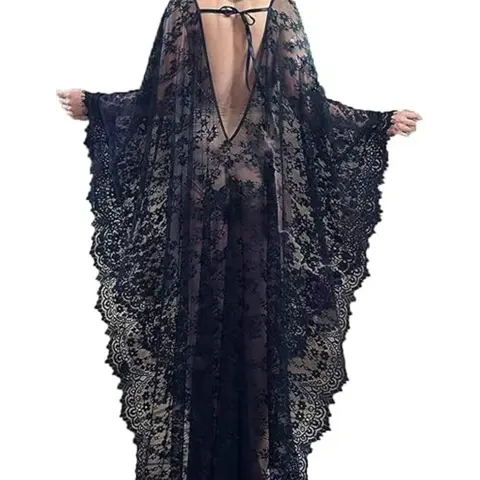 Women's Plus-Size Boho Black Sheer Lace Swim Cover-Up Dress - Open Back, Flow Design, Hand Wash Only, Elegant Plus Size Women's Clothing, Photoshoot, Cooling Maternity Sleepwear, Dinner-Ready Vampy Glam Kaftan