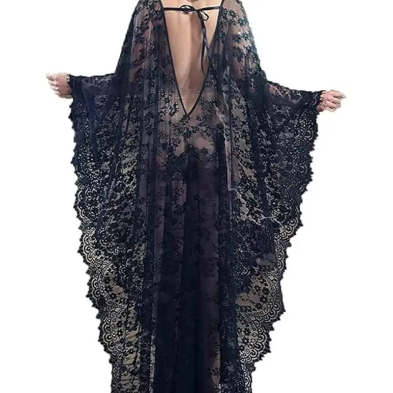 Women's Plus-Size Boho Black Sheer Lace Swim Cover-Up Dress - Open Back, Flow Design, Hand Wash Only, Elegant Plus Size Women's Clothing, Photoshoot, Cooling Maternity Sleepwear, Dinner-Ready Vampy Glam Kaftan