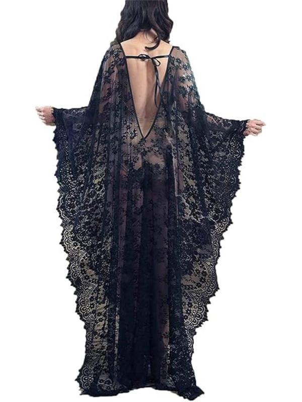 Women's Plus-Size Boho Black Sheer Lace Swim Cover-Up Dress - Open Back, Flow Design, Hand Wash Only, Elegant Plus Size Women's Clothing, Photoshoot, Cooling Maternity Sleepwear, Dinner-Ready Vampy Glam Kaftan