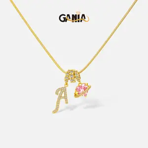 GANIA Shimmering silver tone 26-letter pendant necklace with pink decorations, a fashionable Valentine's Day gift, birthday gift, excellent choice for ladies