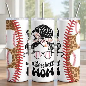 Baseball Mom Tumbler 20oz - 18/8 Stainless Steel Insulated Cup with Sliding Lid, Metal Straw & Brush - Messy Bun & Leopard Design, Sports Mama Gift - Smooth Surface Print - Ships in 2 Days