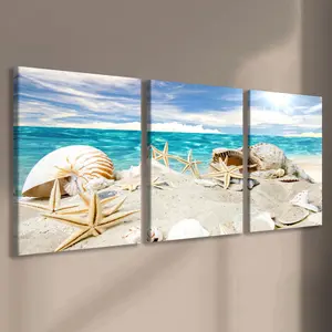 Set of 3 wooden framed canvases, beach shell artwork, perfect for dreamy-themed decor. This modern artwork is a great gift for friends and family, suitable for home and room wall decoration.