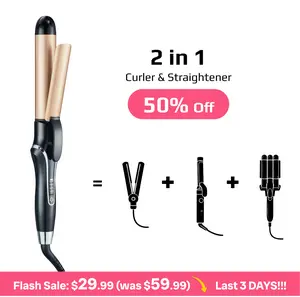 Multi Curl, Curling Iron with Heated Round Brush, 2 in 1 Hair Straightener and Curler, 1.2 inch Flat Iron Curling Iron, 50 Million Negative Ions, Floating Ceramic Plates, Anti-Scald Tip, 360° Swivel Cord, All Hair Types, Straight, Beach Waves, Tight Curls