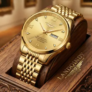 Men's Luxury Gold Watch - Waterproof Quartz Business Wristwatch with Luminous Hands & Date Day Window, Diamond Accented Roman Numeral Dial, 7.48" Adjustable Gold Band, 41mm Case