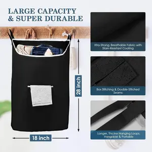 Large Hanging Laundry Hamper with Zipper – Space-Saving Over-the-Door Laundry Bag with Hooks, Wide Opening – Black (L Size)