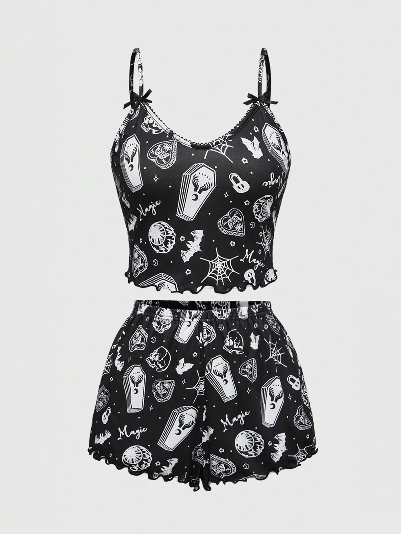 LALUZ Women's Gothic Skeleton Spider Bat All-Over Print Contrast Strap Camisole & Shorts Pajama Set