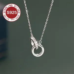Fashionable double ring necklace, light luxury, small ring interlocking collarbone chain, 925 silver hypoallergenic necklace, daily wear accessory, versatile, suitable for all occasions, including Valentine's Day, Mother's Day, exquisite couple gifts