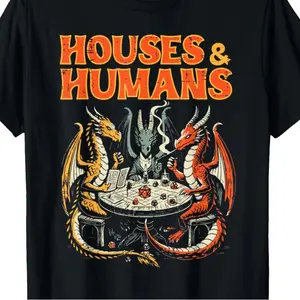 Men’s Dungeons & Dragons Graphic Tee, RPG Parody T-Shirt, House & Humans Game Player Top, Dragon & Wizard Battle Design, Casual Streetwear Shirt, Soft Cotton Summer Tee, Trendy Gamer Outfit, Geeky Vintage Style
