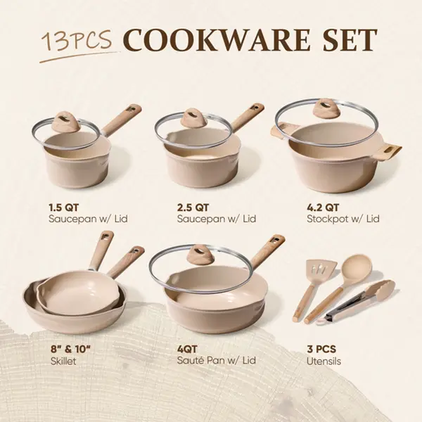 Carote Ceramic Nonstick Pots and Pans Set, 13 Pieces Non-Toxic Kitchen Cookware Sets Compatible for All Stoves, Taupe