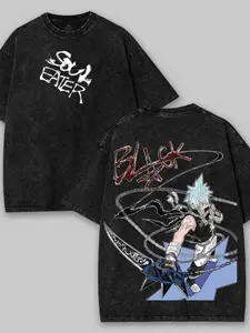 Soul Eater - Black Star Anime Washed T-Shirt | Double-sided, Unisex Design, Japanese Manga Merchandise, Men'S T-Shirt, Retro Black, Retro Streetwear, Casual Style, Regular Fit, Crew Neck, Summer Season