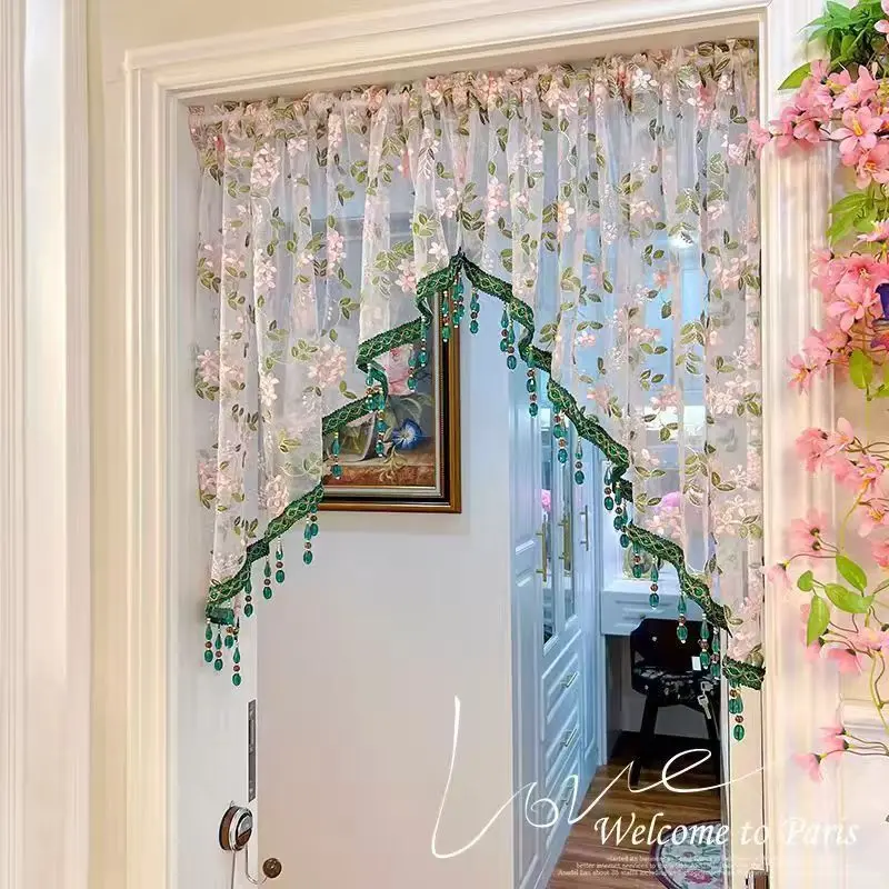 Aesthetic floral embroidered door curtain with no-hole design and beaded tassels; French country-style arched curtain valance; suitable for bedrooms, living rooms, and entryways; romantic room decor; slightly vintage-style layered curtains