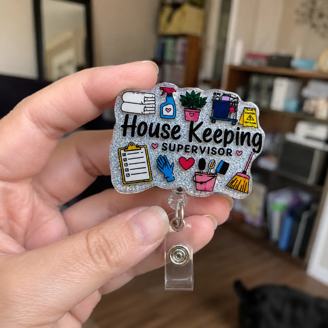 Housekeeping Supervisor Badge Reels, Cute Glitter Acrylic Housekeeper ID Holder, Retractable Clip Hotel EVS Manager Gift