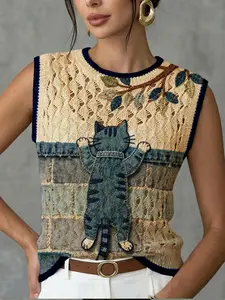 Women's Elegant Vintage Denim Patchwork Cat Leaf Print Round Neck Sweater Vest, Casual Sleeveless Knit Top for Spring Summer Fall