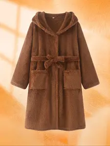 Women's Fitted Hooded Bathrobe Sleepwear, Soft Warm Long Sleeve Robe for Fall & Winter, Elegant Home Wear with Waist Belt