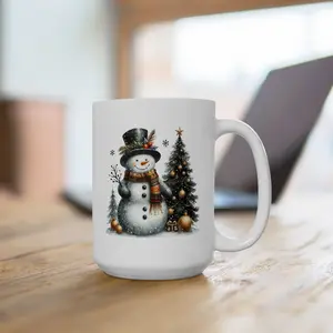 Black and Gold Snowman Ceramic Mug; 15oz; Christmas Mug