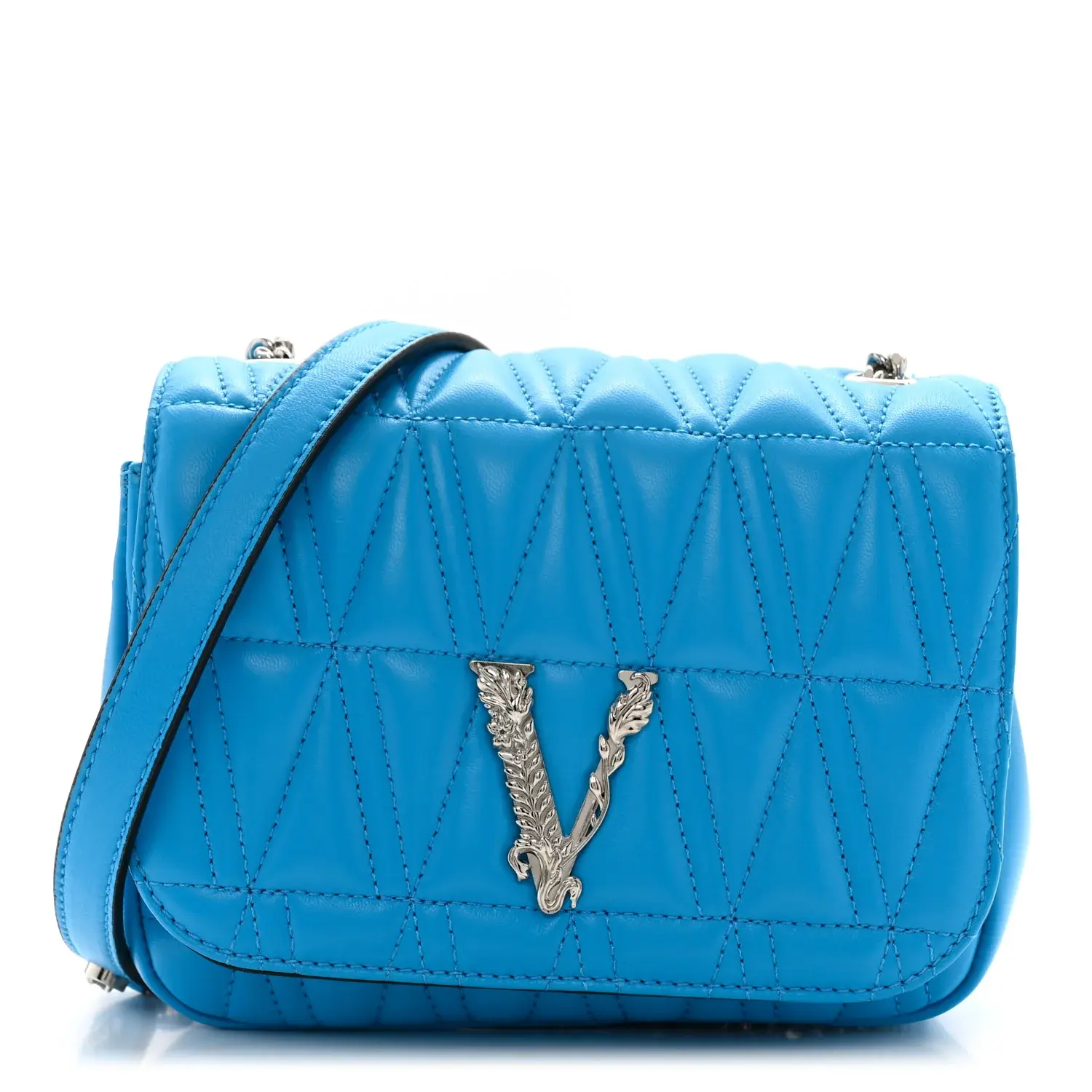 Pre-owned VERSACE Nappa Leather Shoulder Bags Nappa Quilted Virtus Bag Blue