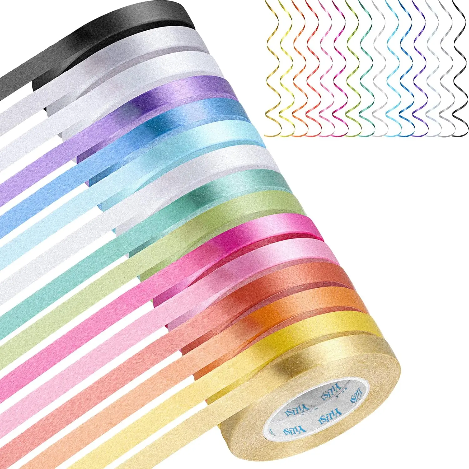 Solid Plastic Fading-Resistant Curling Ribbon Set (15 Rolls) - 0.2 in x 11 yds, Adjustable-Length Balloon String with Scissors for DIY Gift Boxes, Holiday Decorations