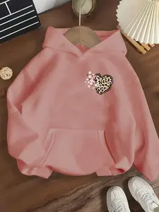 Girls' Spring & Fall Casual Leopard Heart Print Hoodie, Long Sleeve Loose-Fitting Sweatshirt, Comfortable All-Purpose Pullover Gift