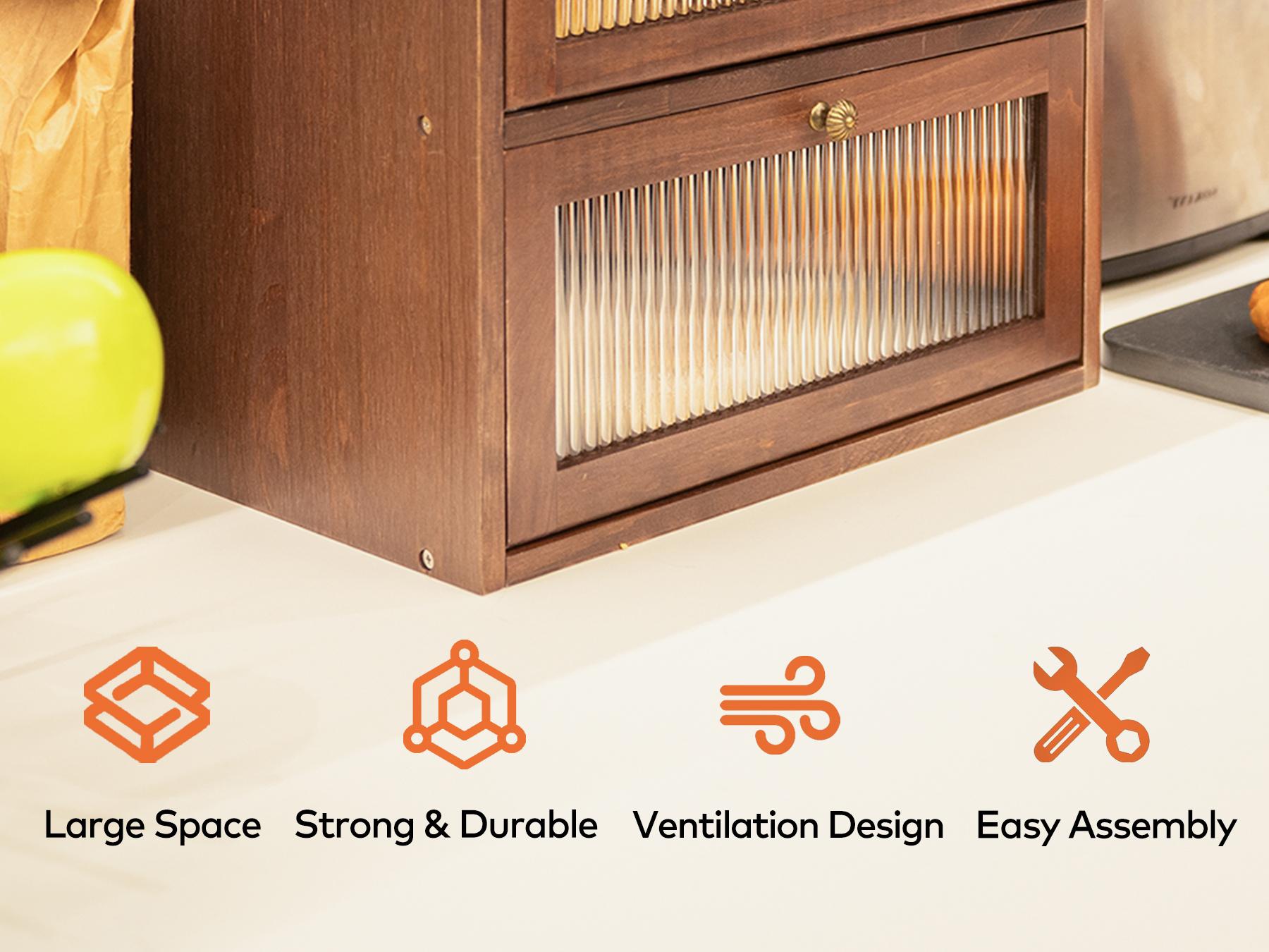 Solid Wood Bread Box for Kitchen Countertop , 2-Tier Large Wooden Bread Storage Bin , Farmhouse Bread Keeper for Homemade Bread, Brown (50 Deli Papers)