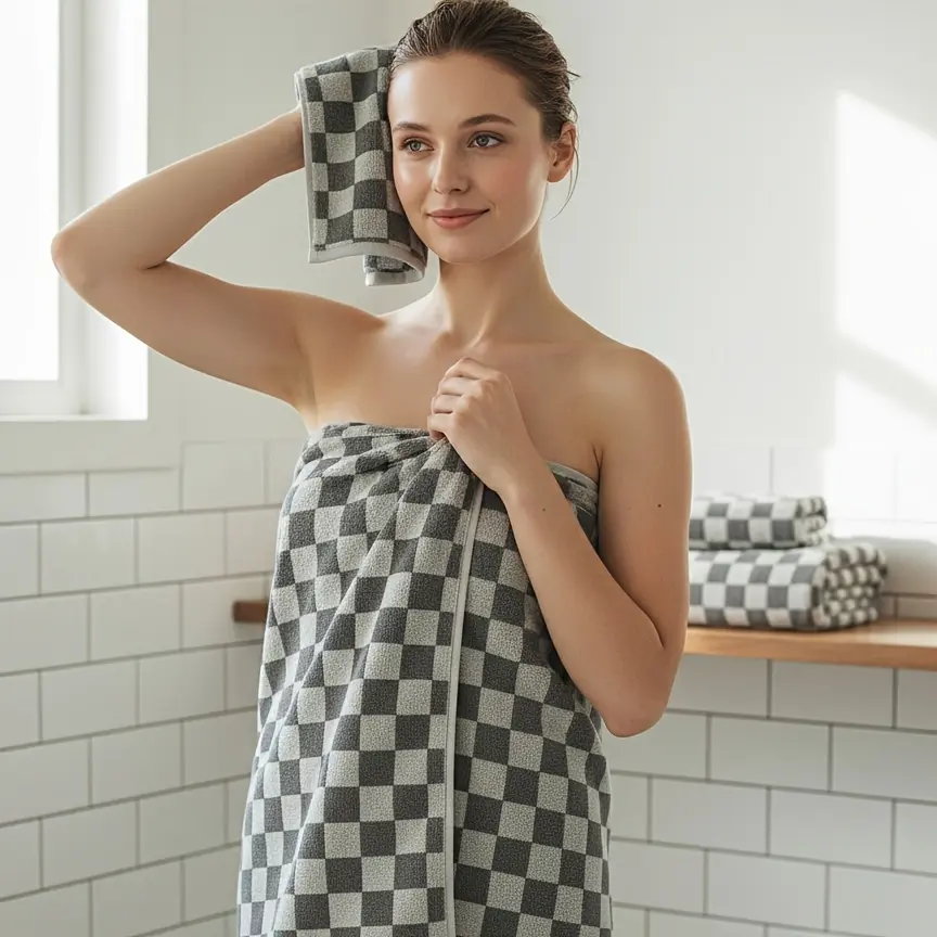 Checkerboard Pattern Bath Towel Set, Premium Bath Towels, Soft Absorbent Quick-Dry, Family Bathroom Accessories, Travel Bathroom Essentials, Premium Towel Set