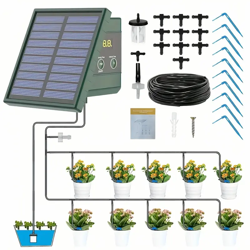 1.1W Solar Drip Irrigation System & Garden Automatic Watering System (1500 Mah, With 393.7inch Hose), Can Water 10 Potted Plants At The Same Time, Watering Interval, Anti-Siphon, Suitable For Gardens, Greenhouses, Courtyards, Lawns