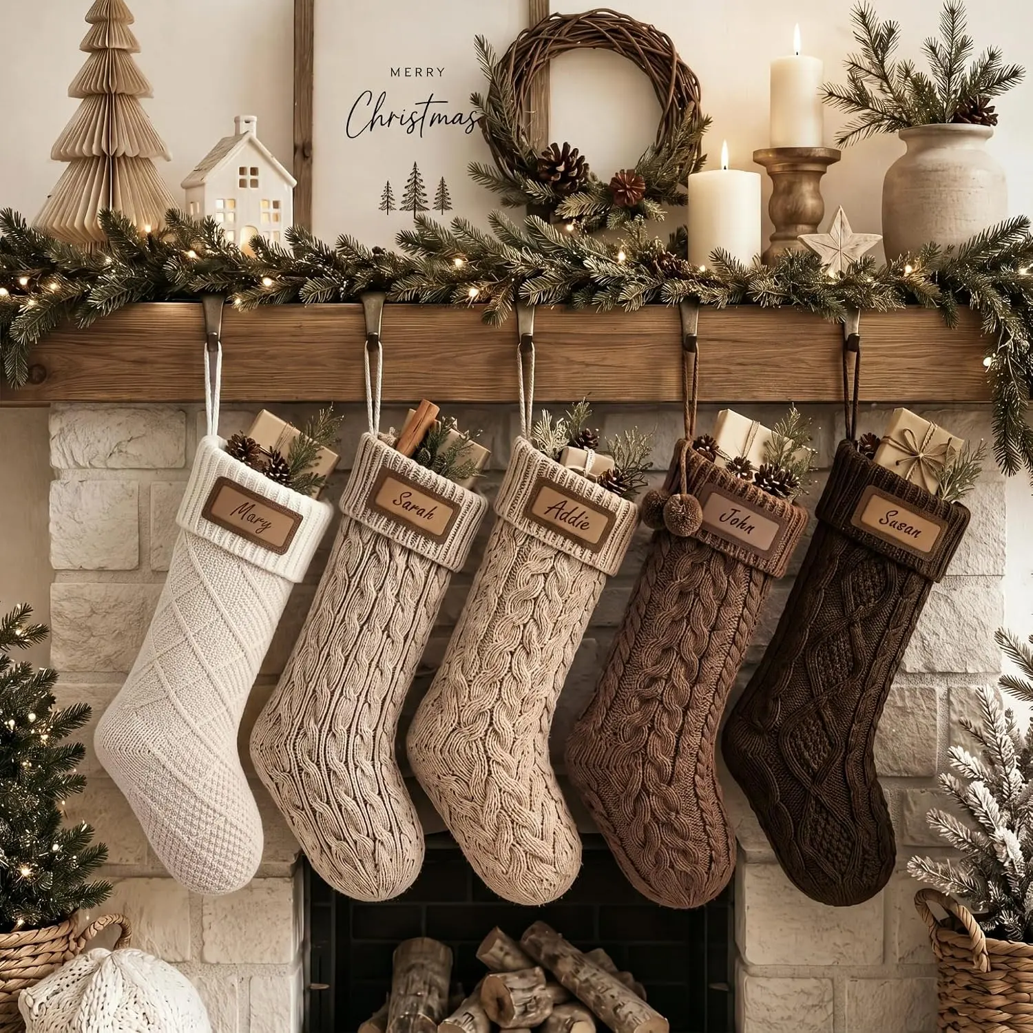 5 Pack Farmhouse Personalized Christmas Stockings, Neutral Color