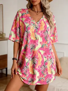Hawaiian Vacation Style Tropical Plant & Floral Pattern V Neck Plus Size Short Sleeve Dress, Casual Loose Fit Fashion Tee Dress