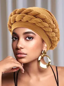 Women's Pure Color Versatile Knitted Headscarf Hat Turban Hijab, Ethnic Style Wrinkled Scarf Cap for Daily Wear & Party