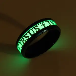 Fashion Stainless Steel Luminous Christians Jesus Cross Ring For Men Women Glowing In Dark Titanium Fluorescent Wedding Jewelry