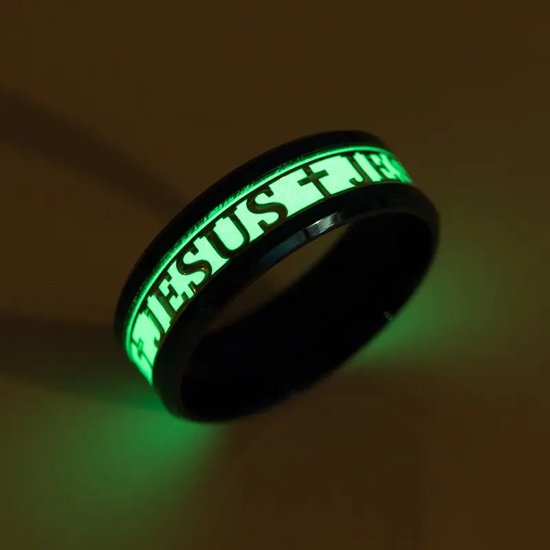 Fashion Stainless Steel Luminous Christians Jesus Cross Ring For Men Women Glowing In Dark Titanium Fluorescent Wedding Jewelry